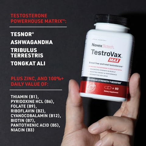 TestroVax MAX – Multivitamínico Diário de Testosterona – Suplementos Alimentares para Aumentar a Testosterona e Ganhar Força, 60 Cápsulas, Fornecimento de 30 Dias - Novex Biotech