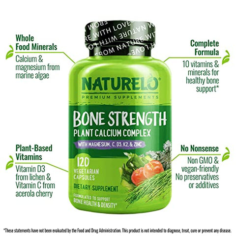 Suplemento de Cálcio NATURELO – Fortalecimento Ósseo com 600mg de Cálcio, Vitamina D3, K2, C, Magnésio, Zinco – à base de plantas, 120 Cápsulas Vegetarianas, Não-OGM, Sem Soja