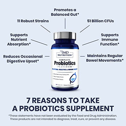 1MD Nutrition - 1MD Complete Probiotics Platinum | Suporte à Saúde Digestiva | com Prebióticos Nutritivos, 51 Bilhões de UFC Vivos, 11 Cepas, Sem Laticínios | 30 Cápsulas Vegetais (2-Pack)