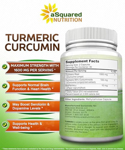 Cúrcuma Curcumina 1600mg com Extrato de Pimenta Preta BioPerine – 180 Cápsulas com 95%% Curcuminoides, 100%% Pó de Raiz de Cúrcuma Natural, Suplementos Naturais para Articulações - aSquared Nutrition