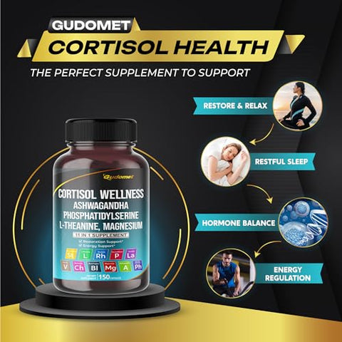 GUDOMET - CORTISOL WELLNESS – Magnésio Ashwagandha L-Teanina Fosfatidilserina Rhodiola Rosea Passiflora Lavanda Camomila – 150 Cápsulas – Fabricado nos EUA
