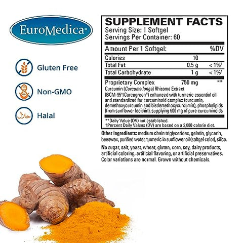 CuraPro – 750mg, 60 Softgels – Curcumina de Cúrcuma de Alta Potência – Estudos Clínicos em Fígado, Cérebro, Coração - Euromedica