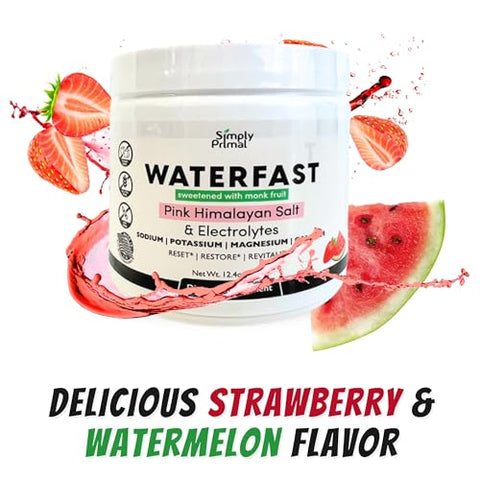 Simply Primal - Pó Eletrolítico Monk Fruit Keto WATERFAST para Jejum e Hidratação – Sabor Morango Melancia | Sal Rosa do Himalaia (Sódio), Potássio, Magnésio, Cálcio | Sem Açúcar | 100g