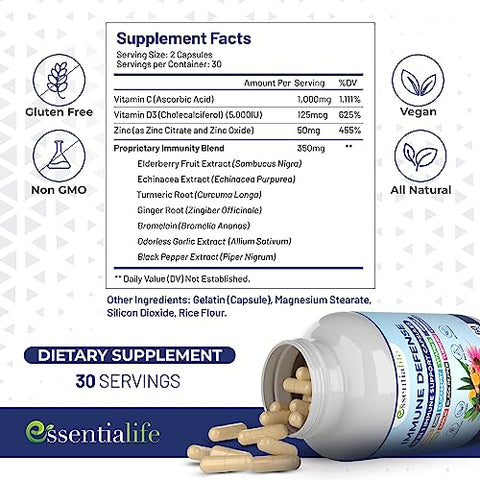 Essentialife - Suplemento 10 em 1 para Suporte Imunológico: Sabugueiro, Equinácea, Vitamina D, Vitamina C 1000mg