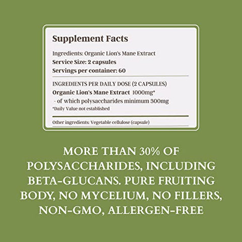 Wise Plants - Suplemento de Cogumelo do Leão – Extrato Duplo, Corpo Frutífero Puro, 30% Polissacarídeos – 500 mg, 120 cápsulas vegetais (Fornecimento de 60 dias). Suporte para Função Cerebral e Digestão Saudável