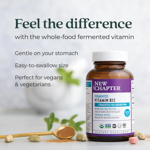 B12 Fermentado 1.000 mcg, Orgânico USDA, Diário para Energia Celular e Células Sanguíneas Saudáveis, Vegano Certificado, Sem Glúten – 60 Comprimidos - New Chapter