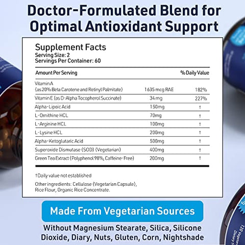 AgeImmune - SOD Complexo Antioxidante para Envelhecimento Saudável – 400mg de Superóxido Dismutase – Ácido Alfa Lipóico – Extrato de Chá Verde – L-Arginina – Lisina – AKG – Vitaminas A e E para