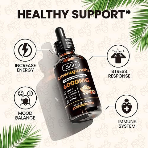 dilib - Gotas de Ashwagandha Líquida Orgânica para Homens e Mulheres: Sabor de Cúrcuma 7 em 1 – 120ml – Extrato de Ashwagandha – Energia, Estresse e Humor