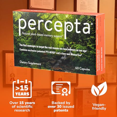 Suporte à Memória à Base de Plantas – Estimulante Natural para o Cérebro – Memória, Foco, Concentração – 30 Dias de Fornecimento - Percepta