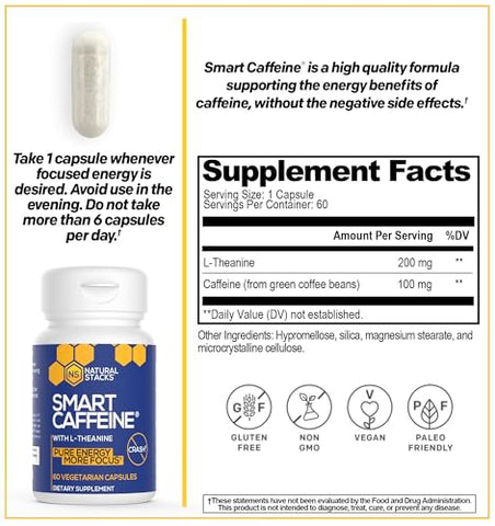 Comprimidos de L-Theanine e Cafeína 60ct – 200mg L-Theanine 100mg Cafeína – Energia Instantânea e Foco para Vida Escolar - NATURAL STACKS