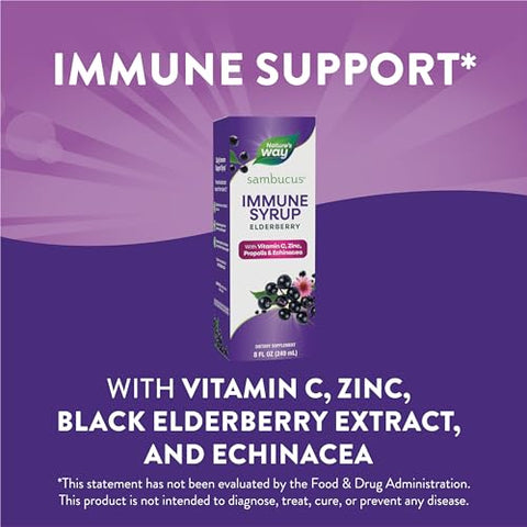 Nature's Way - Nature’s Way Sambucus Elderberry Immune Syrup – Suporte Diário ao Sistema Imunológico, Extrato de Sabugueiro Negro, Vitamina C, Zinco, Equinácea, Própolis, 240 ml (Embalagem Pode Variar)