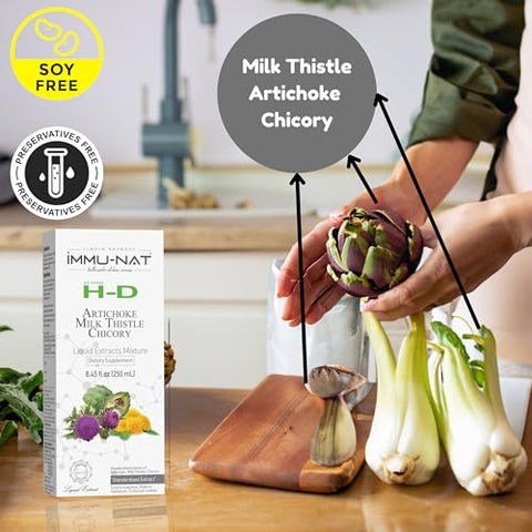 Immu-nat - H-D Detox Líquido Herbal para Fígado – Limpeza e Reparo – Suporte à Saúde Intestinal e Função Renal – Cardo Mariano, Alcachofra e Chicória – Não-OGM (240ml)