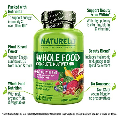 Multivitamínico de Alimentos Integrais com Suporte Extra para Cabelo, Pele e Unhas – Mistura de Beleza com Ácido Hialurônico - NATURELO