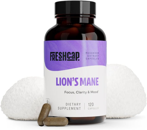 FreshCap Mushrooms - FreshCap Lions Mane – Cápsulas de Suplemento Ayurvédico Orgânico USDA Premium de Cogumelos Extraídos em Dupla – Testado por Terceiros – Corpo Frutífero Inteiro – Livre de OGM, Glúten e Vegano – 100% Natural