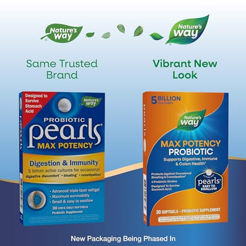 Nature's Way - Nature’s Way Max Potency Probiotic Pearls para Homens e Mulheres, Suporte Digestivo, Imunidade, Saúde do Cólon*, 5 Bilhões de Culturas Vivas, Sem Necessidade de Refrigeração, 30 Softgels