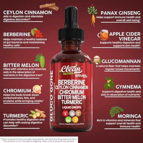 Clean Nutraceuticals - Suplemento Líquido de Canela Ceylon Orgânica com Berberina, Extrato de Melão Amargo, Glucomanano, Gymnema, Cromo, Cúrcuma, Ginseng Panax Orgânico, Vinagre de Maçã