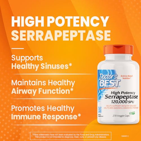Doctor's BEST - Doctor’s Best Serrapeptase de Alta Potência – Suporte para Seios Saudáveis e Sistema Imunológico Forte – Não-OGM, Sem Glúten, Vegano – 120.000 SPU, 270 Cápsulas Vegetais