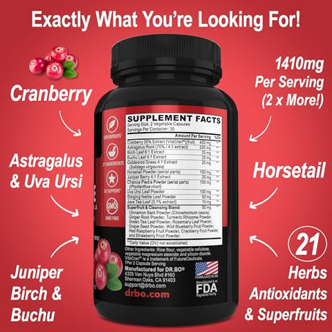 DR. BO - Suplemento Suporte Detox para Limpeza Renal – Natural Cranberry, Bagas de Zimbro, Buchu – Marca