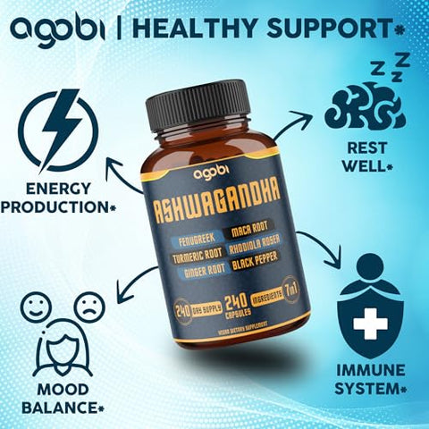 agobi - Ashwagandha 8050mg – 240 Cápsulas – 8 Meses de Fornecimento – 7 em 1 com Fenugreek, Maca, Cúrcuma, Rhodiola, Gengibre e Pimenta Preta – Suporte para Humor, Força, Espírito e Energia