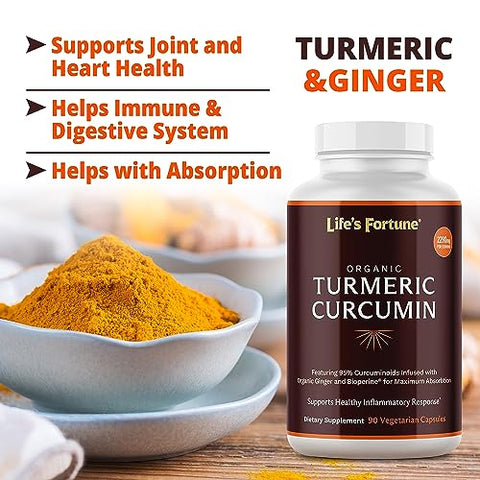Life's Fortune - Life’s Fortune Cúrcuma Orgânica com Pimenta Preta e Gengibre, Absorção Aprimorada, Suplemento Extra Forte, Articulações
