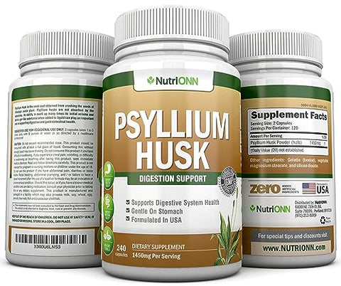 NutriONN - Cápsulas de Psyllium Husk – 1450mg Por Porção – 240 Cápsulas – Dupla Potência – Suplemento Premium de Fibra de Psyllium – Ótimo para Digestão e Regularidade – 100% Fibra Solúvel Natural