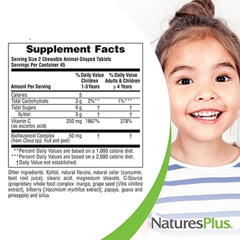 Animal Parade Vitamina C Infantil Sem Açúcar, Sabor Natural de Suco de Laranja – 90 Comprimidos Mastigáveis em Formato de Animais – Suporte Imunológico – Livre de Glúten – 45 Porções - Natures Plus