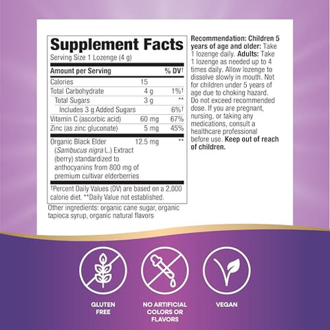 Nature's Way - Nature’s Way Sambucus Orgânico com Zinco – Pastilhas de Sambucus com Elderberry – 60g