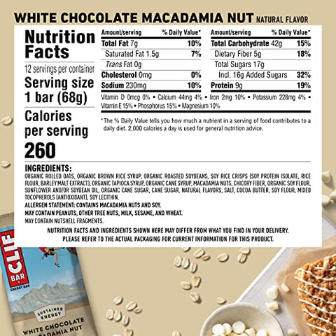 Clif Bar - Barras Energéticas CLIF – Sabor Macadâmia com Chocolate Branco – Feitas com Aveia Orgânica – Alimento à Base de Plantas – Vegetariano – Kosher (Barras de Proteína de 2,4 Ounces, 12 Unidades) Embalagem Pode Variar