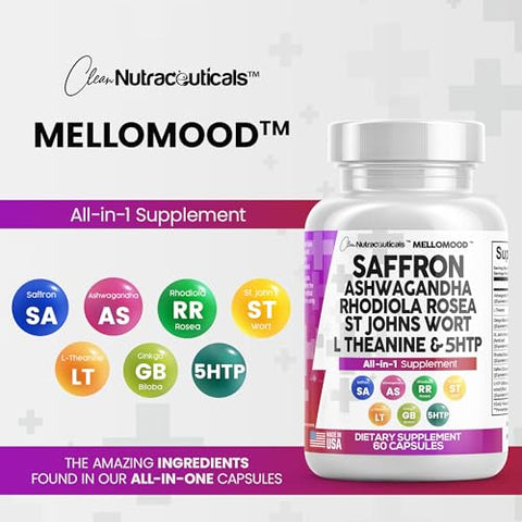 Clean Nutraceuticals - Clean Saffron Supplements com Ashwagandha 8000mg – Suporte ao Humor com L-Theanine 200mg, Ginkgo Biloba 6000mg, Hipérico 6000mg, Rhodiola Rosea 3000mg