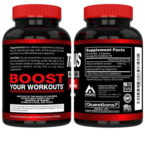 Tribulus Terrestris 1500mg em Pó – 180 Cápsulas – Estimulante de Energia com Bloqueador de Estrogênio - Arazo Nutrition
