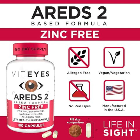 AREDS 2 Suporte Macular sem Zinco, Cápsulas Naturais Livres de Alergênicos com Vitamina E, Vitamina C, Luteína – 60 cápsulas - Viteyes