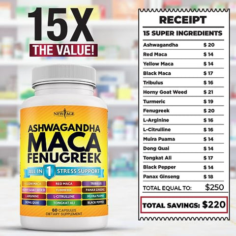Suplemento NEW AGE Ashwagandha 5000mg Maca Root 5000mg Fenugreek 3000mg com Tongkat Ali Ginseng – Melhora o Humor Geral – Fabricado nos EUA – 120 Comprimidos