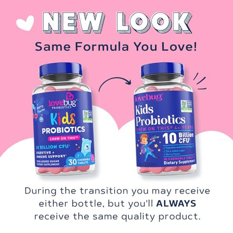 lovebug PROBIOTICS - Lovebug PROBIOTICS para Crianças – Chewables Probióticos com Fibra Prebiótica para Idade 4, Saúde Intestinal Diária Infantil, Constipação, Digestão