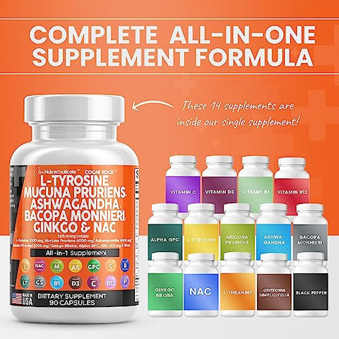 L-Tyrosine 1000mg Mucuna Pruriens 6000mg Bacopa Monnieri 500mg Ashwagandha 4000mg Focus Supplement com N-Acetil Cisteína 600mg NAC 5-HTP Ginkgo Biloba Alpha - Clean Nutraceuticals