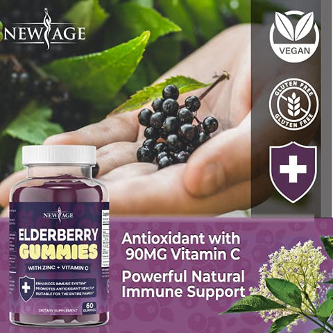 2-Pack) Gomas Premium de Sabugueiro para Adultos e Crianças com Vitamina C, Zinco, Própolis – Extrato de Goma de Sabugueiro Preto Sambucus – Livre de Glúten - NEW AGE