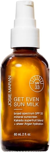 Protetor Solar e Hidratante Facial Josie Maran Get Even Sun Milk SPF 33 – Leve e Mineral, com Óleo de Argan e Óxido de Zinco – 50g