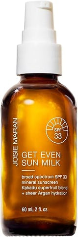 Protetor Solar e Hidratante Facial Josie Maran Get Even Sun Milk SPF 33 – Leve e Mineral, com Óleo de Argan e Óxido de Zinco – 50g