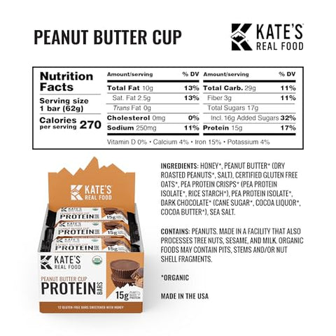 Kate's - Barras de Proteína Orgânicas Kate’s Real Food – (Peanut Butter Cup, 62g, Pacote com 12) – Barras de Proteína à Base de Plantas – Livre de Glúten, Soja, Não-OGM, Grãos Integrais e 100% Natural