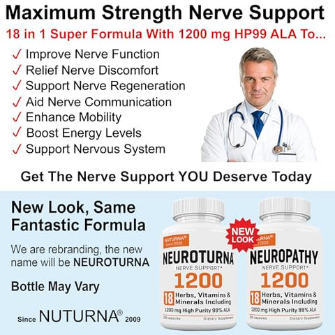 Nuturna - Neuropathy Support Supplement 1200 mg HP-99 Ácido Alfa Lipóico – Fórmula Nervosa ALA de Força Máxima para Pés Mãos Dedos Pernas – Ultra Potente 18 em 1 Natural Nervo Periférico