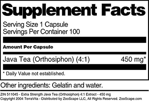 Terravita - Orthosiphon Extrato 4:1 de Chá de Java Extra Forte – 450 mg (100 Cápsulas) – Embalagem com 2 – Marca Orthosiphon