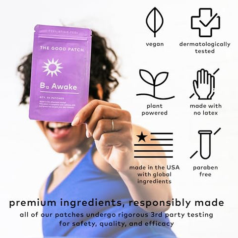 B12 Awake Patch – Adesivo Natural com Cafeína, B12 e Extrato de Chá Verde, Bem-Estar Vestível Impulsionado por Plantas (8 Adesivos no Total) - The Good Patch