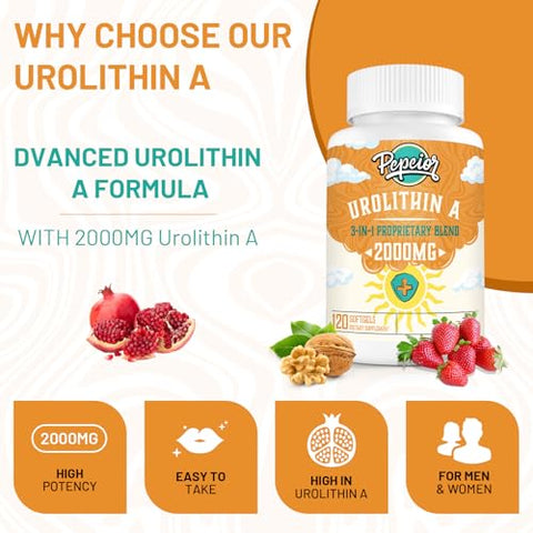 Pepeior - Urolithin A 120 Softgels 1 Frasco— 2000MG | Suplemento de Urolitina A | Marca em Destaque