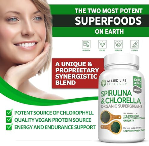 Allied Life Sciences - Allied Life Spirulina e Chlorella | Cápsulas de Superfood Verde em Pó de Proteína Vegana e Clorofila Orgânica | Suporte Natural ao Sistema Imunológico (Pacote com 3 Frascos)