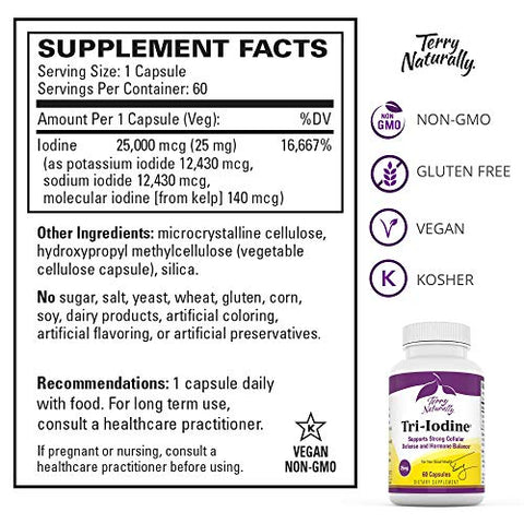 Tri-Iodine 25 mg – 25000 mcg Iodo, 60 Cápsulas Veganas – Equilíbrio Hormonal, Estimula o Seio - Terry Naturally