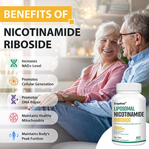 Orgabay - Liposomal Nicotinamida Ribosídeo 2000 MG com TMG e Pterostilbeno, Aumentando o NAD, Apoio ao Envelhecimento Saudável, 120 Comprimidos