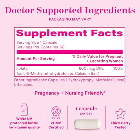 Folate Methyl – Ácido MTHFR, Forma Natural de Ácido Fólico para Gravidez, Fórmula para Mamãe e Bebê, Propriedade de Mulheres, 60 Cápsulas (Embalagem Pode Variar) - Pink Stork
