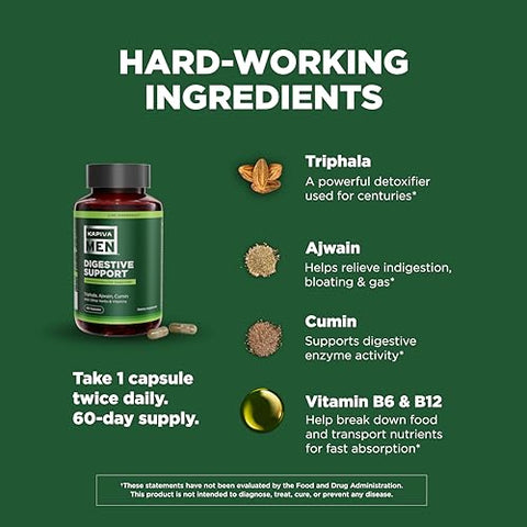 KAPIVA MEN - Suplemento Digestivo com Triphala, Ajwain, Cominho e Outras Ervas e Vitaminas, Promove Digestão Saudável e Saúde Intestinal, Fornecimento de 60 Dias, 120 Cápsulas