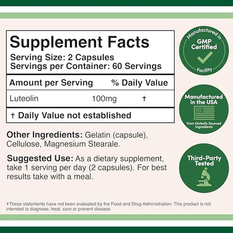 Luteolin 100mg – 120 Cápsulas, Livre de Glúten – Potentes Polifenóis Flavonoides para Suporte Cerebral e Cardiovascular - Double Wood Supplements