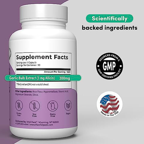 Vital Peak - Extrato de Alho Inodoro – Suplemento de Alho Herbal Rico em Alicina 300 mg para Suporte ao Coração, Fígado e Imunidade I Sem OGM, Sem Glúten, Vegano – 180 Cápsulas de Alho