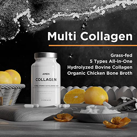 Multi Colágeno Cápsulas com Ácido Hialurônico e Vitamina C – 5 Tipos de Proteína de Colágeno Tipo I, II, III, V, X – Hidrolisado de Pasto – 18 Aminoácidos – Colágeno - Amen